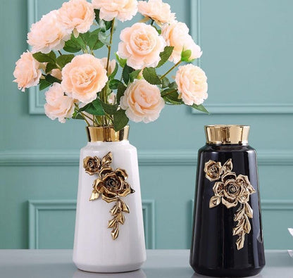 LuxRoyale Black & Gold Rose Ceramic Vase - Elegant 26cm Floral Decor-Royale Basic