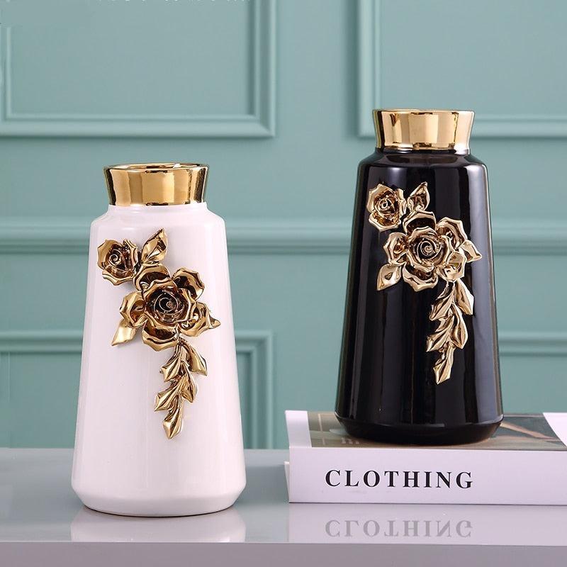 LuxRoyale Black & Gold Rose Ceramic Vase - Elegant 26cm Floral Decor-Royale Basic