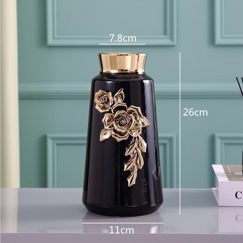 LuxRoyale Black & Gold Rose Ceramic Vase - Elegant 26cm Floral Decor-Royale Basic