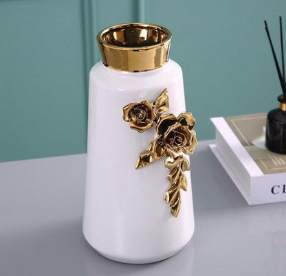LuxRoyale Black & Gold Rose Ceramic Vase - Elegant 26cm Floral Decor-Royale Basic