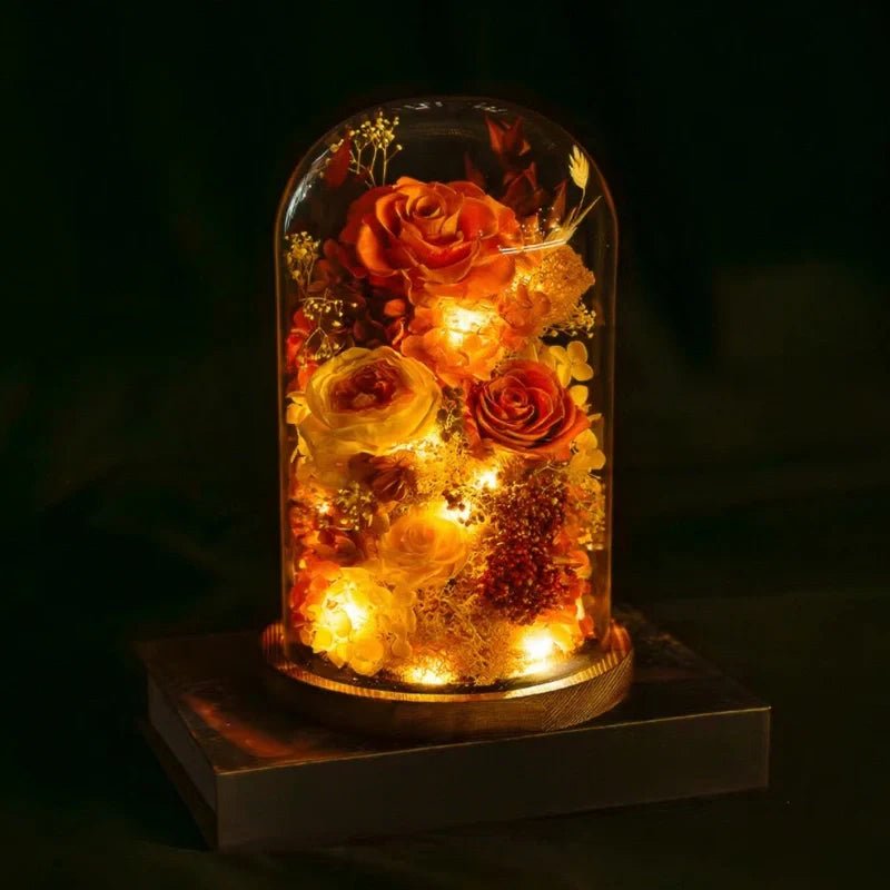 LuxRoyale Floral Night Light Under Glass Dome Handcrafted Rose Poppies