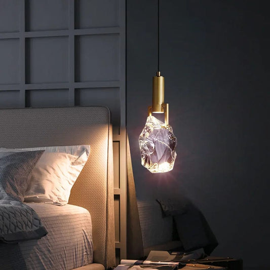 Modern Minimalist Ice Cube Crystal Brass 1-Light Pendant Light For Bedroom

