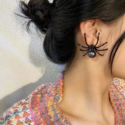 Fashion Black Spider Pearl Earring New Trendy Personality Dark Style Halloween Ear Nail for Women Alloy Geometric Ear Accessory 3