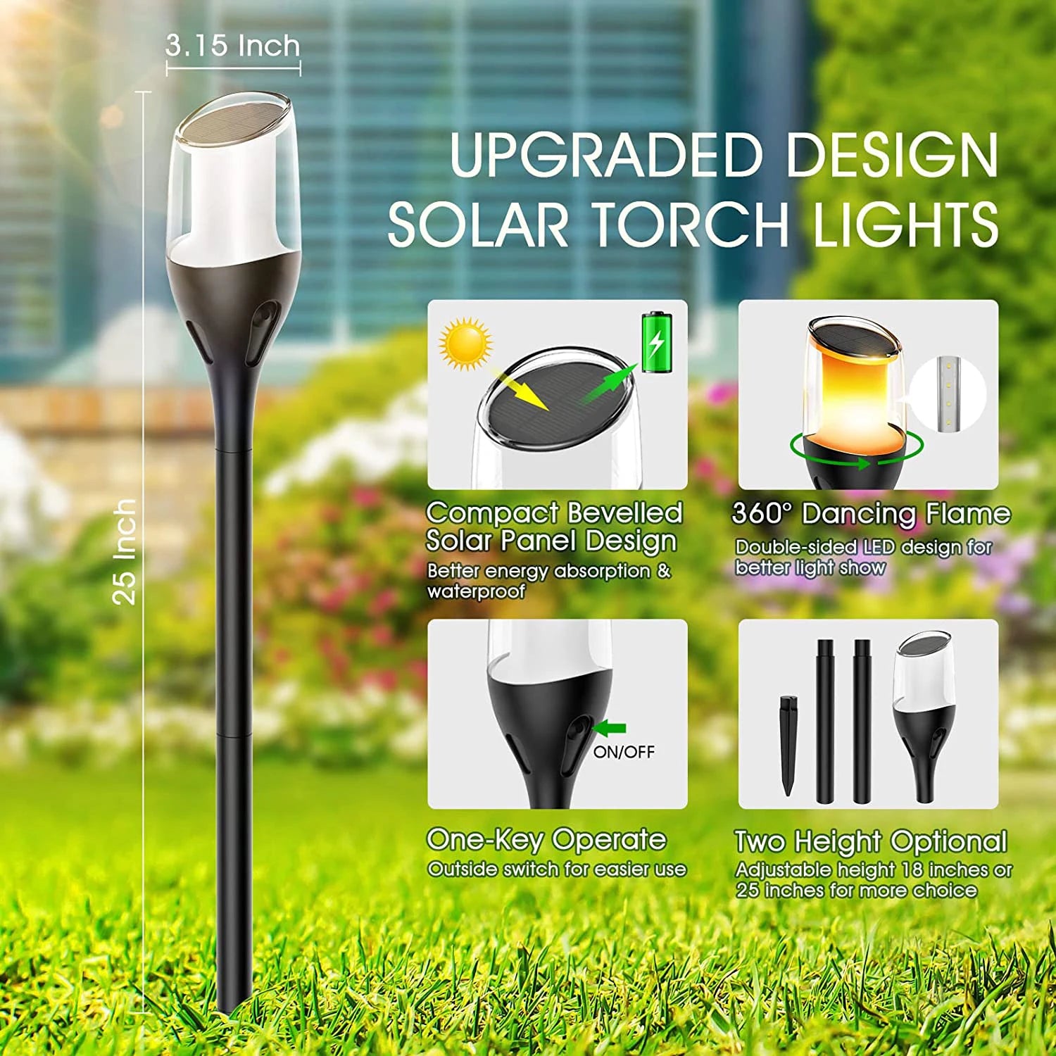 Outdoor Flickering Flame Lights, Solar Torch Garden Lamps, Waterproof LED for Patio and Yard - Default Title