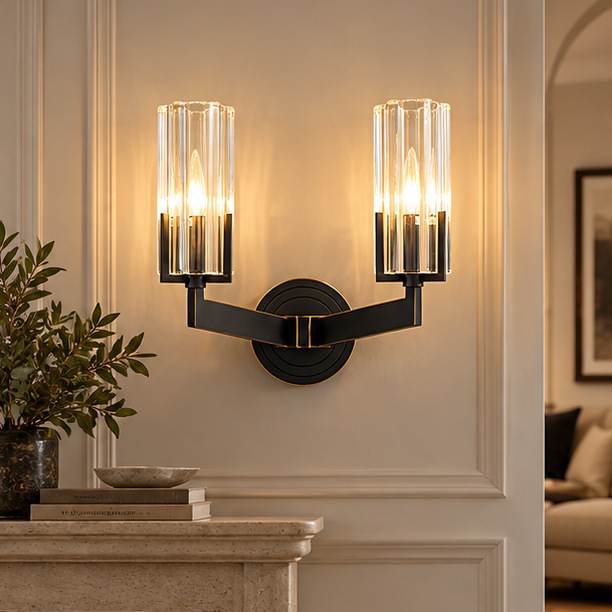Royelux Modern Brass Wall Sconce Glass Cylinder Bedside Light Fixture