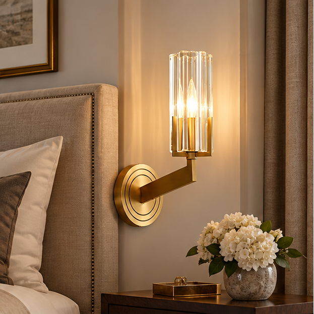 Royelux Modern Brass Wall Sconce Glass Cylinder Bedside Light Fixture