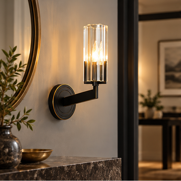 Royelux Modern Brass Wall Sconce Glass Cylinder Bedside Light Fixture