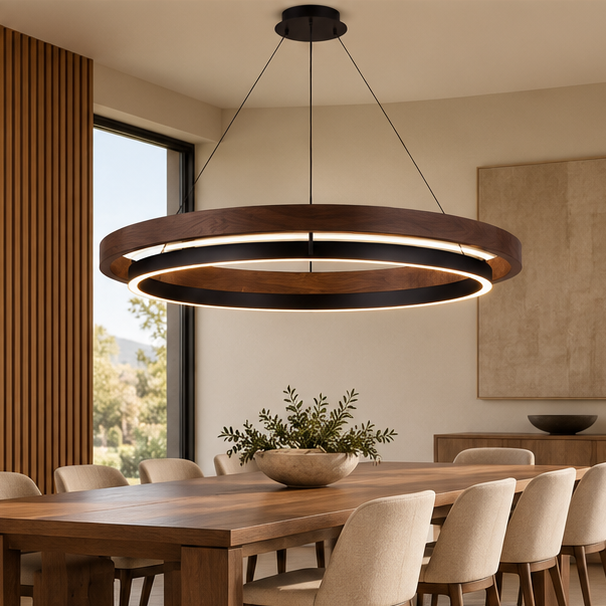 RoyaleGlow Modern LED Ring Pendant Light - Remote Dimmable Walnut Finish Hanging Lamp