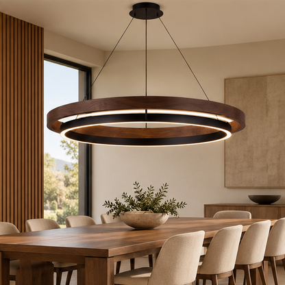 RoyaleGlow Modern LED Ring Pendant Light - Remote Dimmable Walnut Finish Hanging Lamp