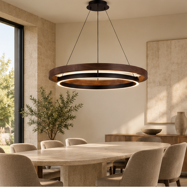RoyaleGlow Modern LED Ring Pendant Light - Remote Dimmable Walnut Finish Hanging Lamp