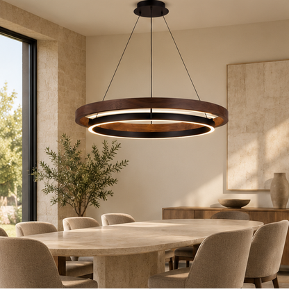 RoyaleGlow Modern LED Ring Pendant Light - Remote Dimmable Walnut Finish Hanging Lamp