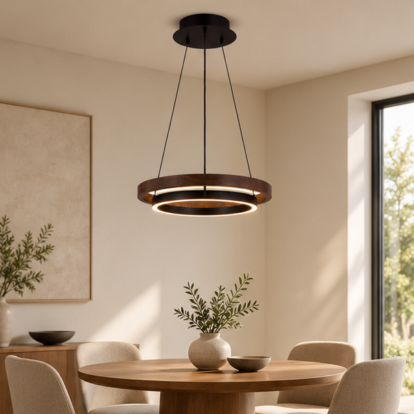 RoyaleGlow Modern LED Ring Pendant Light - Remote Dimmable Walnut Finish Hanging Lamp