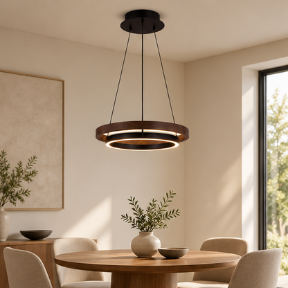 RoyaleGlow Modern LED Ring Pendant Light - Remote Dimmable Walnut Finish Hanging Lamp