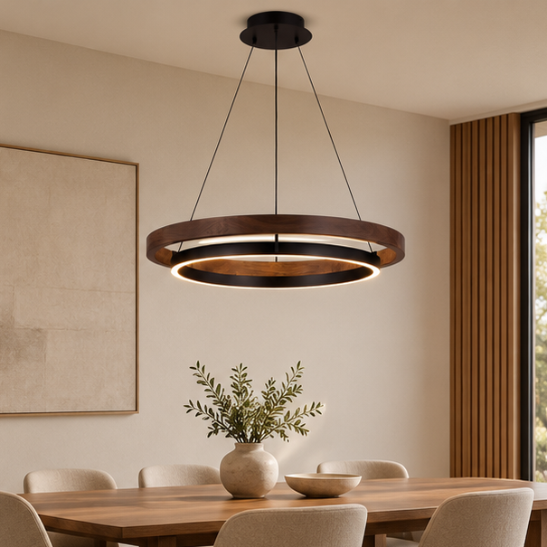 RoyaleGlow Modern LED Ring Pendant Light - Remote Dimmable Walnut Finish Hanging Lamp