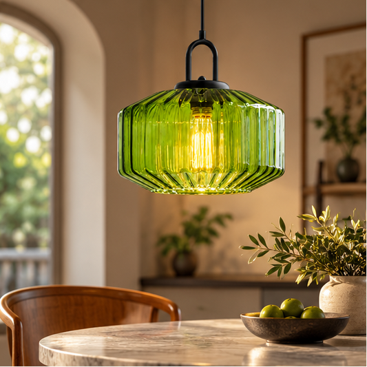 RoyaleGlow Ribbed Green Glass Pendant Light - Modern Kitchen Island Hanging Lamp