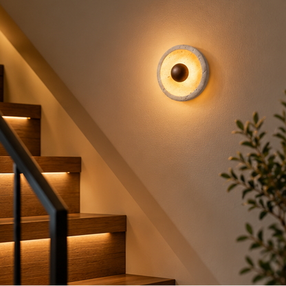 LuxRoyale Round Travertine Wall Lamp Natural Stone Light