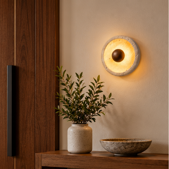 LuxRoyale Round Travertine Wall Lamp Natural Stone Light