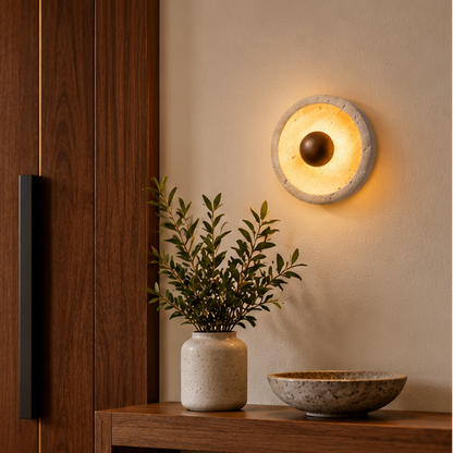 LuxRoyale Round Travertine Wall Lamp Natural Stone Light