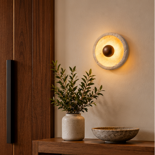LuxRoyale Round Travertine Wall Lamp Natural Stone Light