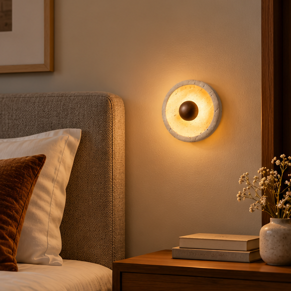 LuxRoyale Round Travertine Wall Lamp Natural Stone Light