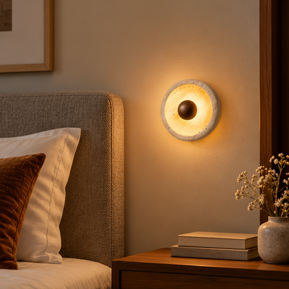 LuxRoyale Round Travertine Wall Lamp Natural Stone Light