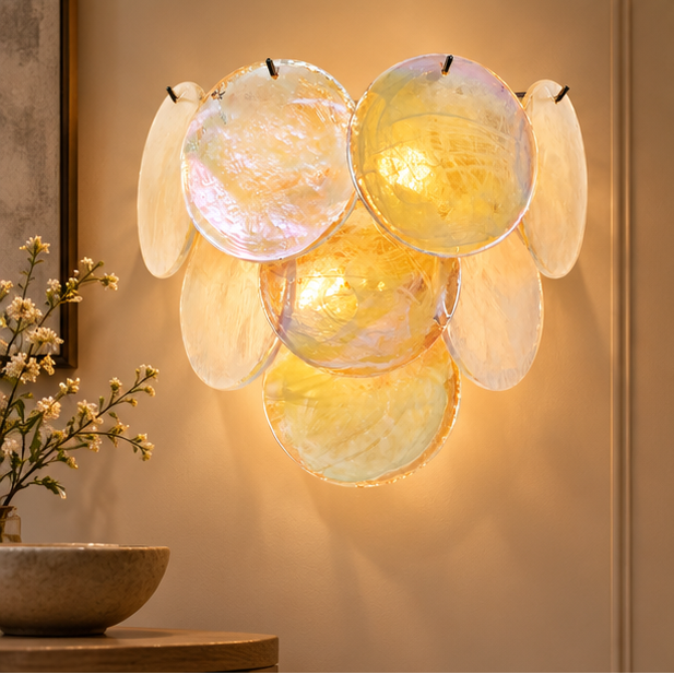 Royelux Murano Glass Wall Sconce Amber Iridescent Disc Light
