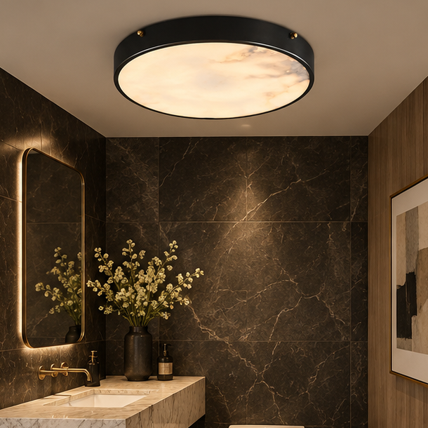 RoyaleGlow Alabaster Round Flush Mount Ceiling Light - Natural Stone Luxury Light