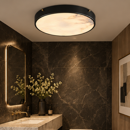 RoyaleGlow Alabaster Round Flush Mount Ceiling Light - Natural Stone Luxury Light