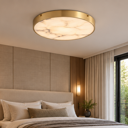 RoyaleGlow Alabaster Round Flush Mount Ceiling Light - Natural Stone Luxury Light
