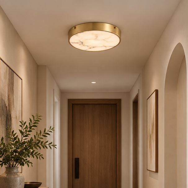 RoyaleGlow Alabaster Round Flush Mount Ceiling Light - Natural Stone Luxury Light
