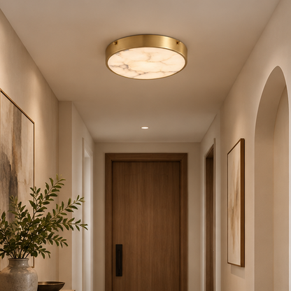 RoyaleGlow Alabaster Round Flush Mount Ceiling Light - Natural Stone Luxury Light