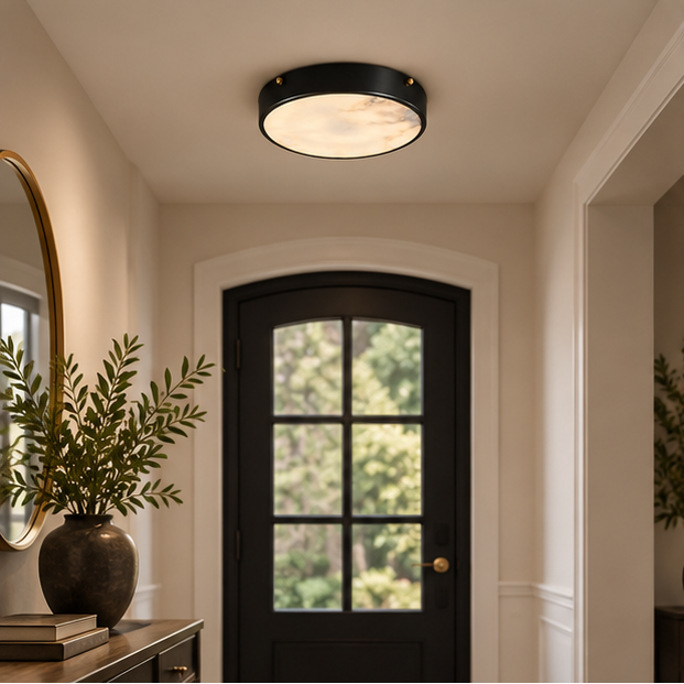 RoyaleGlow Alabaster Round Flush Mount Ceiling Light - Natural Stone Luxury Light
