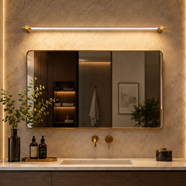 RoyaleGlow Modern Brass LED Bathroom Vanity Light - Strip Design Background Wall Mounted Fixture