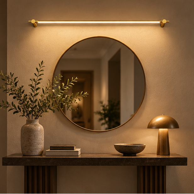RoyaleGlow Modern Brass LED Bathroom Vanity Light - Strip Design Background Wall Mounted Fixture