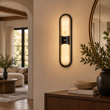 RoyaleGlow Modern Alabaster Wall Sconce - Brass LED Vanity Light