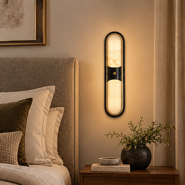 RoyaleGlow Modern Alabaster Wall Sconce - Brass LED Vanity Light
