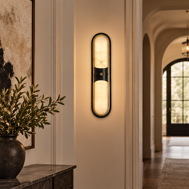 RoyaleGlow Modern Alabaster Wall Sconce - Brass LED Vanity Light