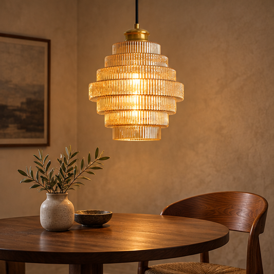Royelux Elegant Ribbed Glass Pendant Light with Antique Brass Finish - Kitchen Island Lighting