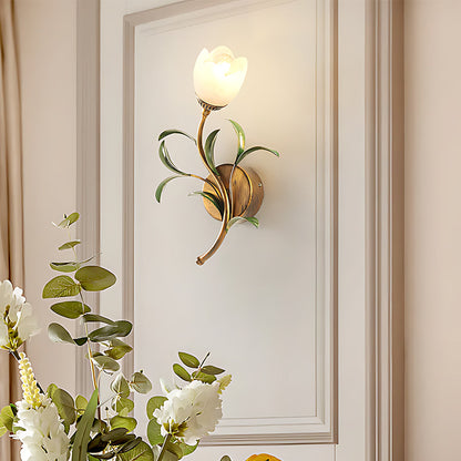 Rayvia French Vintage Cream Floral Glass Wall Lamp, Crystal Shade Sconce