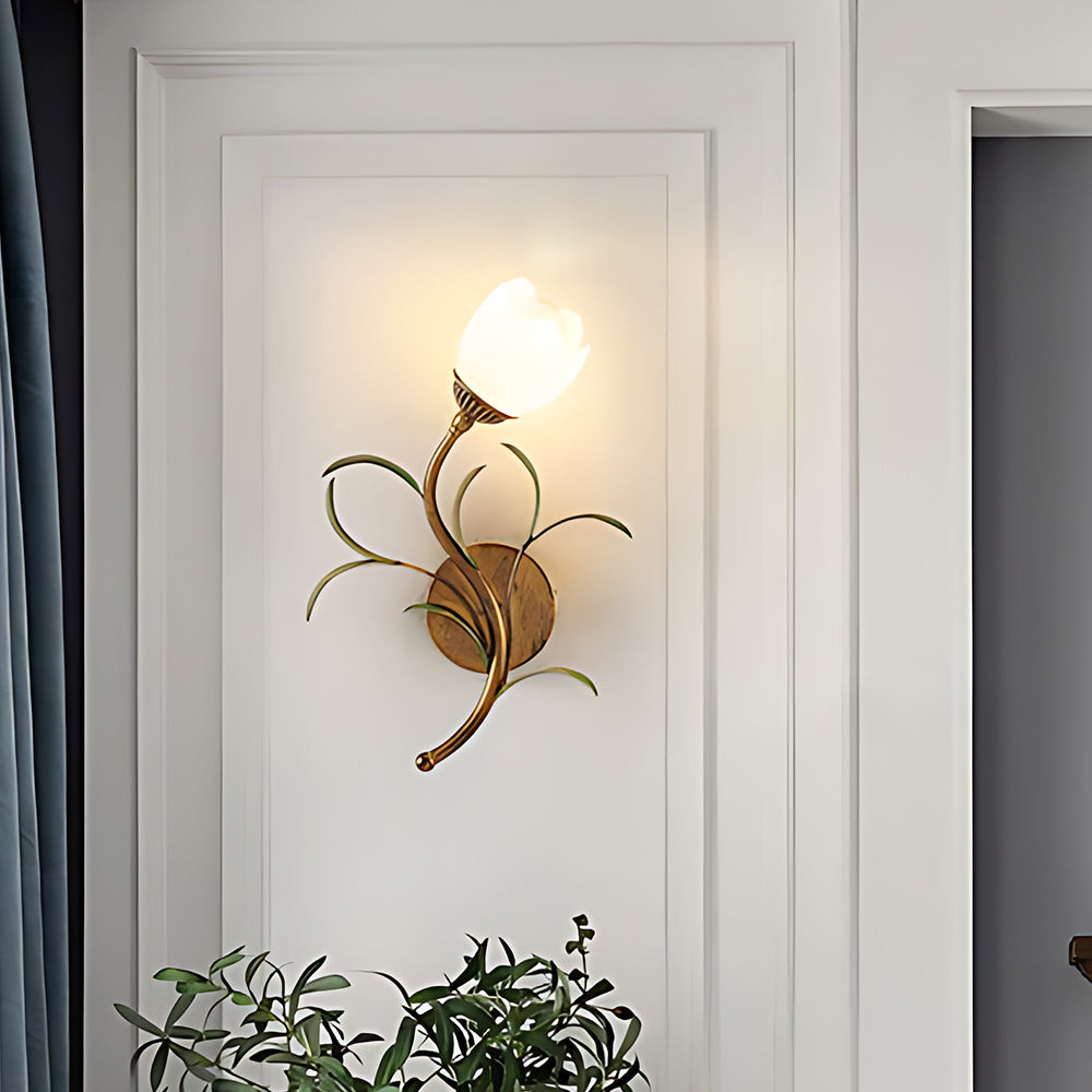 Rayvia French Vintage Cream Floral Glass Wall Lamp, Crystal Shade Sconce
