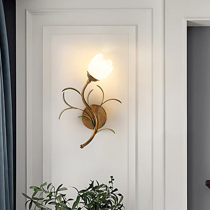 Rayvia French Vintage Cream Floral Glass Wall Lamp, Crystal Shade Sconce