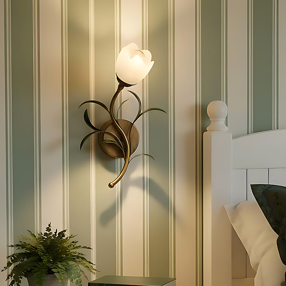 Rayvia French Vintage Cream Floral Glass Wall Lamp, Crystal Shade Sconce