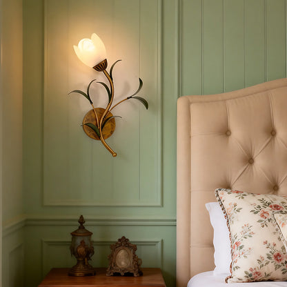 Rayvia French Vintage Cream Floral Glass Wall Lamp, Crystal Shade Sconce