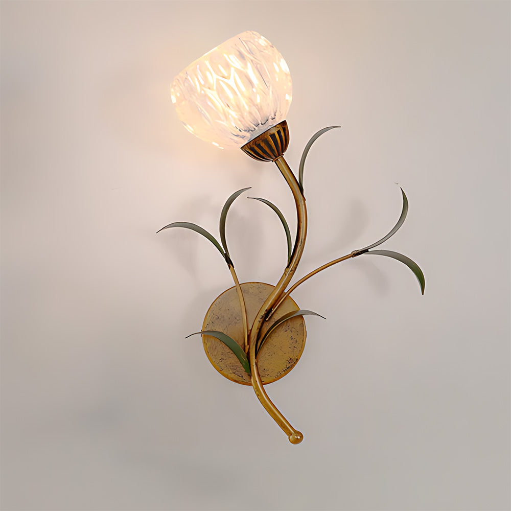 Rayvia French Vintage Cream Floral Glass Wall Lamp, Crystal Shade Sconce