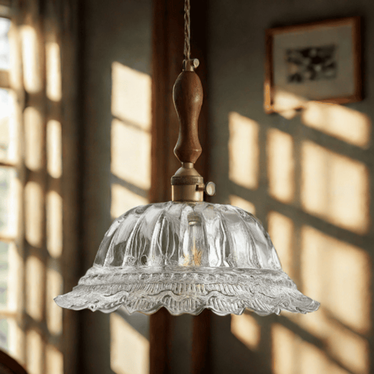 RoyaleGlow Vintage Fluted Glass Pendant Light with Walnut & Brass for Kitchen Island