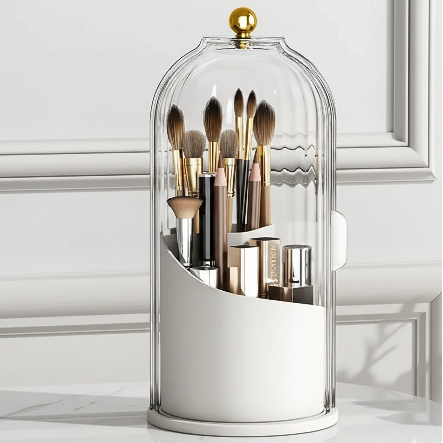 Luxora 360° Rotating Luxury Makeup Brush Holder - 3 Compartment Cosmetics Organizer
