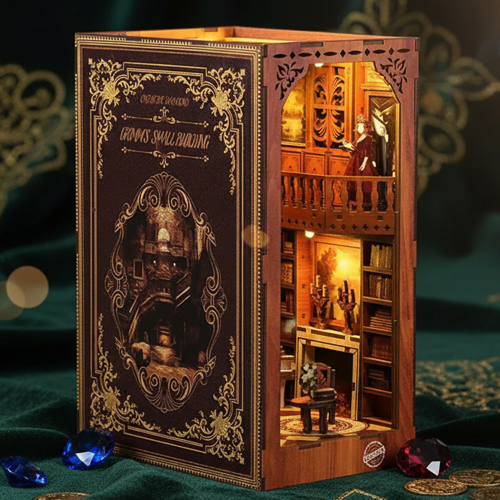 Royelux DIY Book Nook Kit - 3D Wooden Puzzle Shelf Insert with LED Light and Mini Furniture