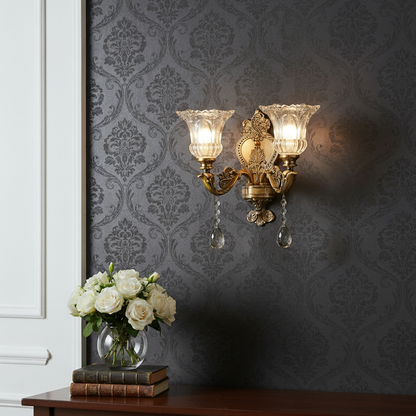 RoyaleGlow Antique Brass Wall Light - Retro Crystal Glass Dual Head Lamp for Living Room