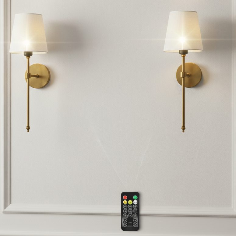 RoyaleGlow Wireless Wall Sconces - Modern Cloth Shade Set of 2 for Bedroom and Corridor