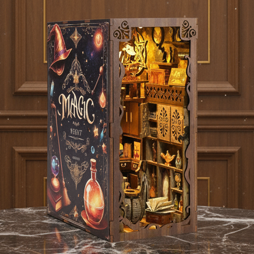 Royelux DIY Book Nook Kit - 3D Wooden Puzzle Shelf Insert with LED Light and Mini Furniture